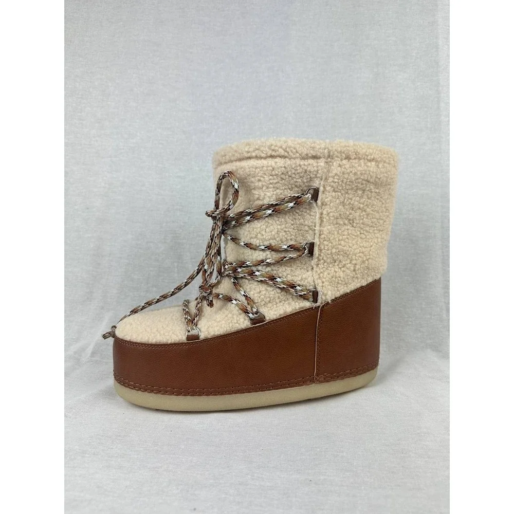 Universal Thread Womens Faux‎ Shearling Moon Boots Brown Cream Lace Up Size 8